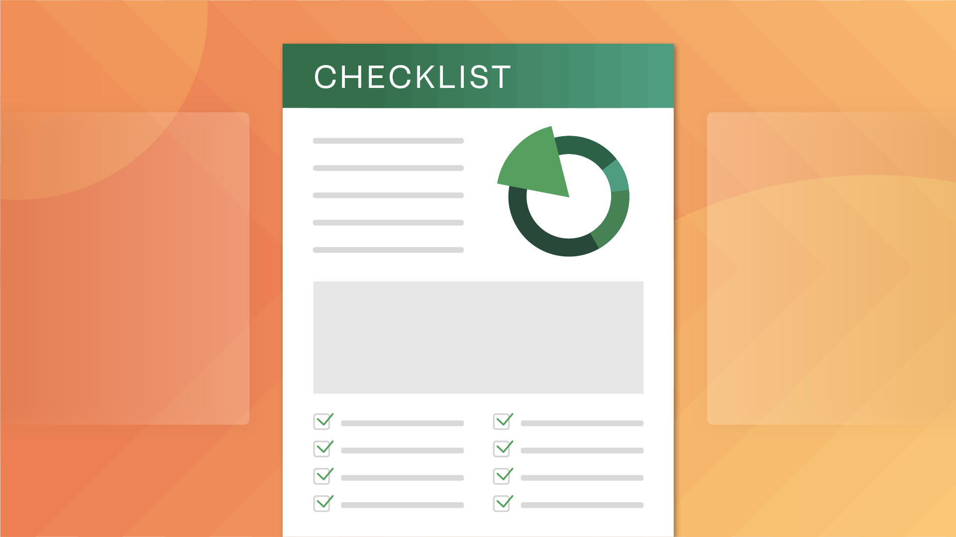 Document illustration with a 2 column checklist on it atop a multi gradient orange background