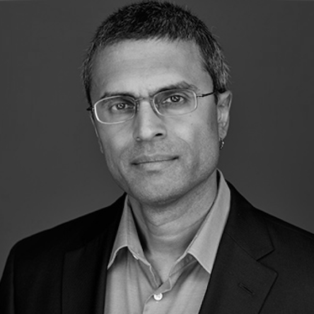 Ojas Rege's headshot, greyscale