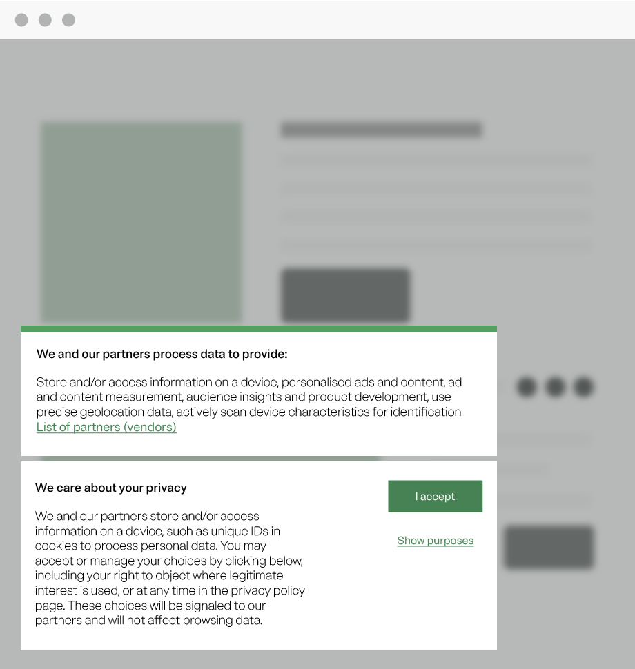 Web banners with privacy and data purpose statements, a link to a list of data vendors and purposes, and an "Accept" button