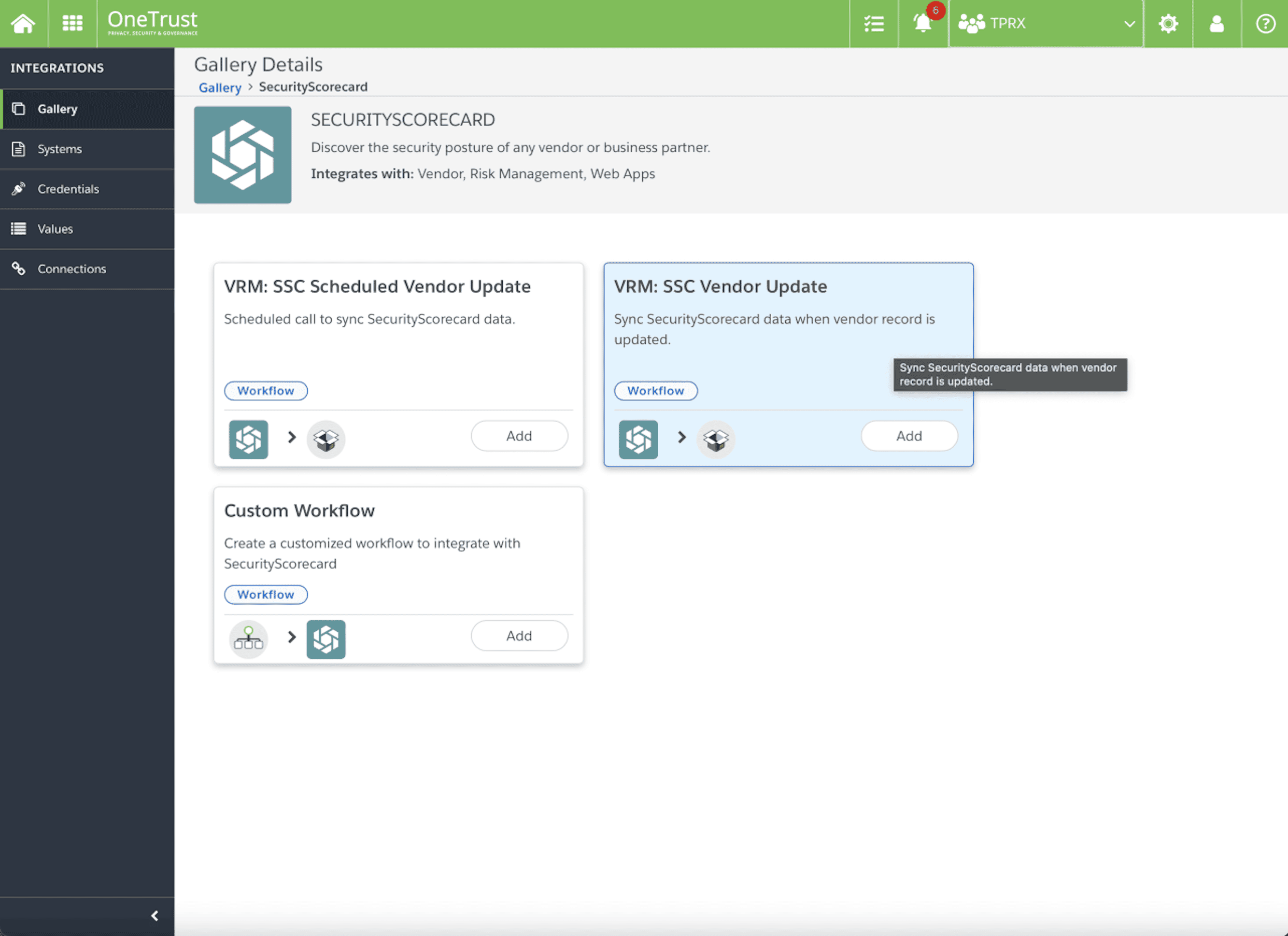 Screenshot of onetrust platform gallery details screen showing security scorecard