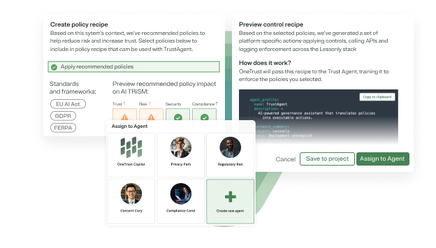 Preview of policy recipe creation, code generation for policies and assigning policy to AI agent