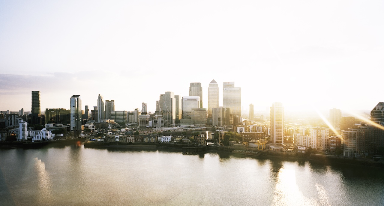 Skyline photo of London's financial district along the Thames River